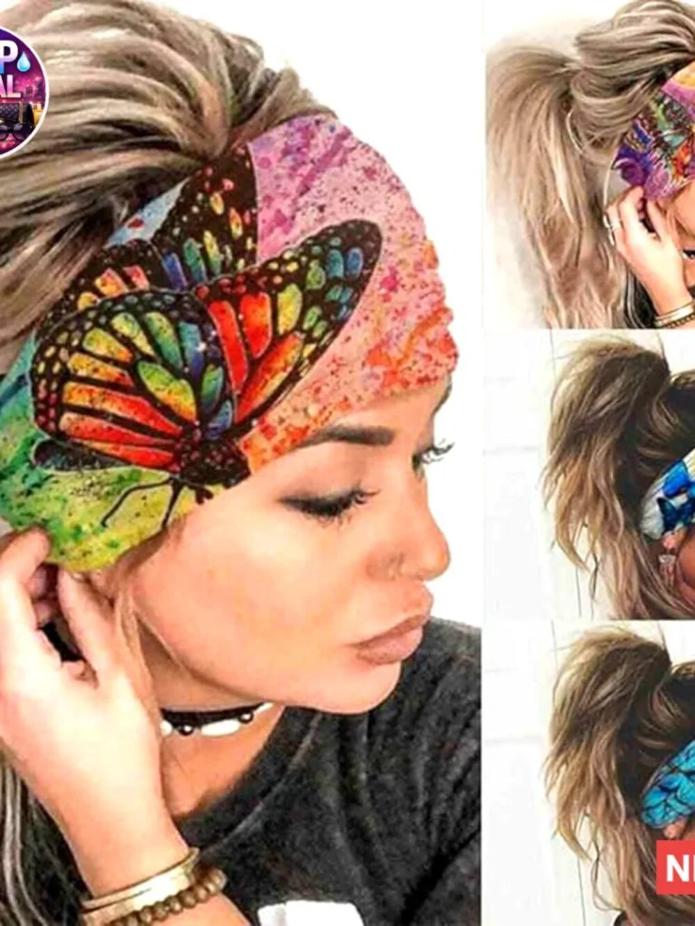 Wide Boho Headbands Butterfly Stretch Button Hair Bands Headwrap